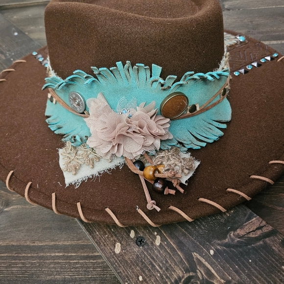 NWT  Brown Burned Fedora Cowdoy Hat With Genuine Leather Size OS main image 8